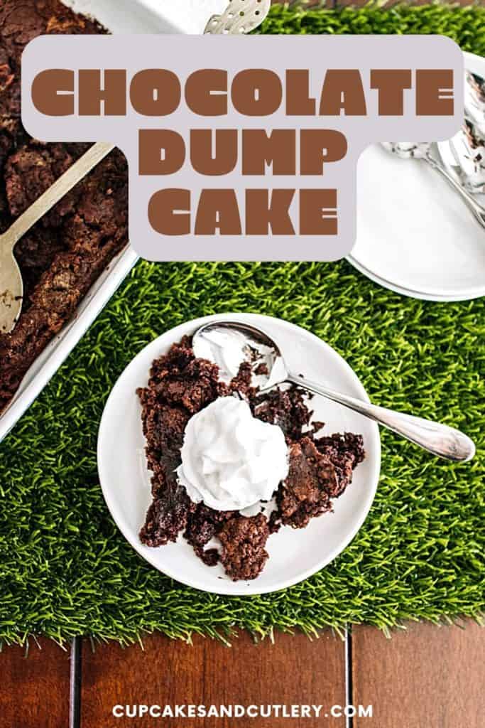 Text - Chocolate Dump Cake with a small dessert plate with a portion of a chocolate dessert topped with whipped cream.