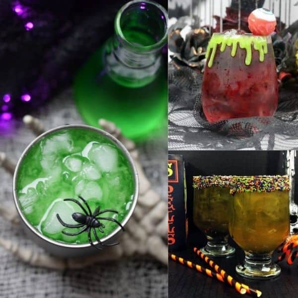 A variety of themed Halloween Cocktails in a collage.