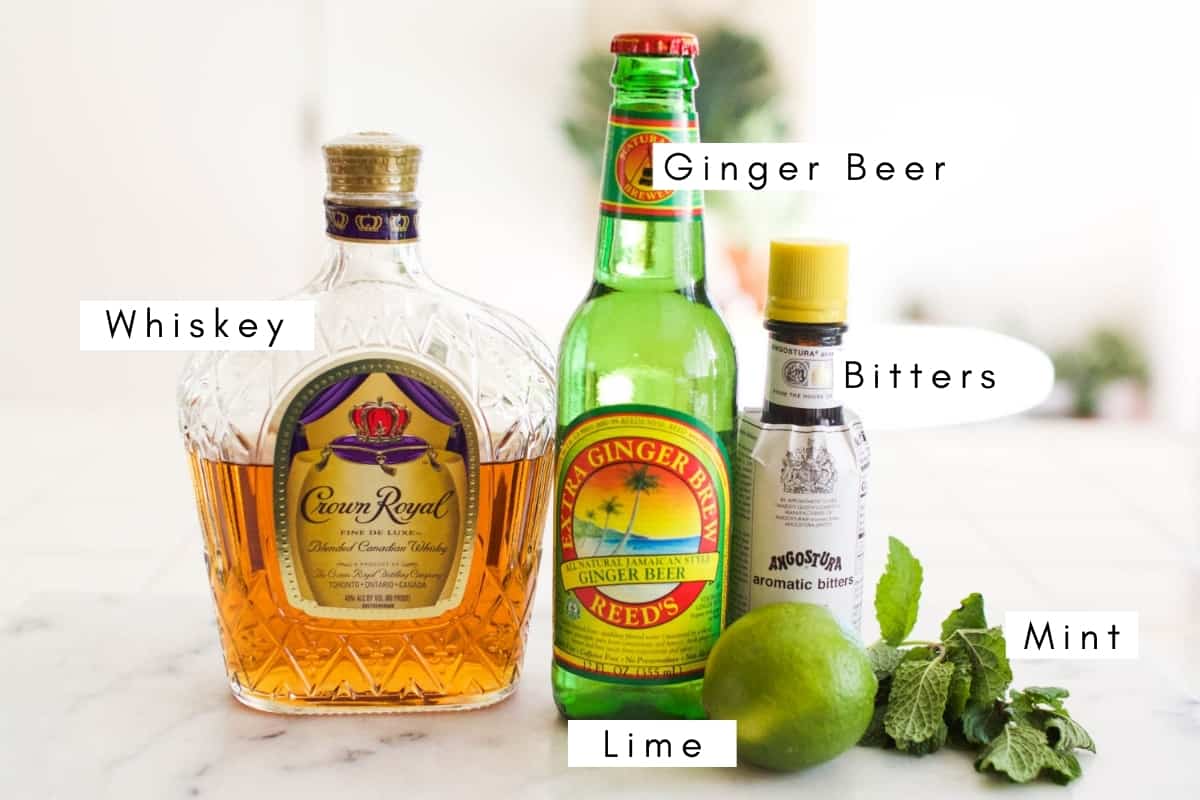 Labeled ingredients to make a canadian mule.