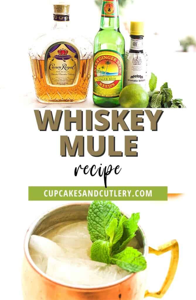 Collage of ingredients and a close up image of a whiskey mule.