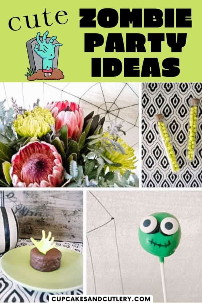 Collage of cute zombie party ideas with text that says "zombie party ideas".