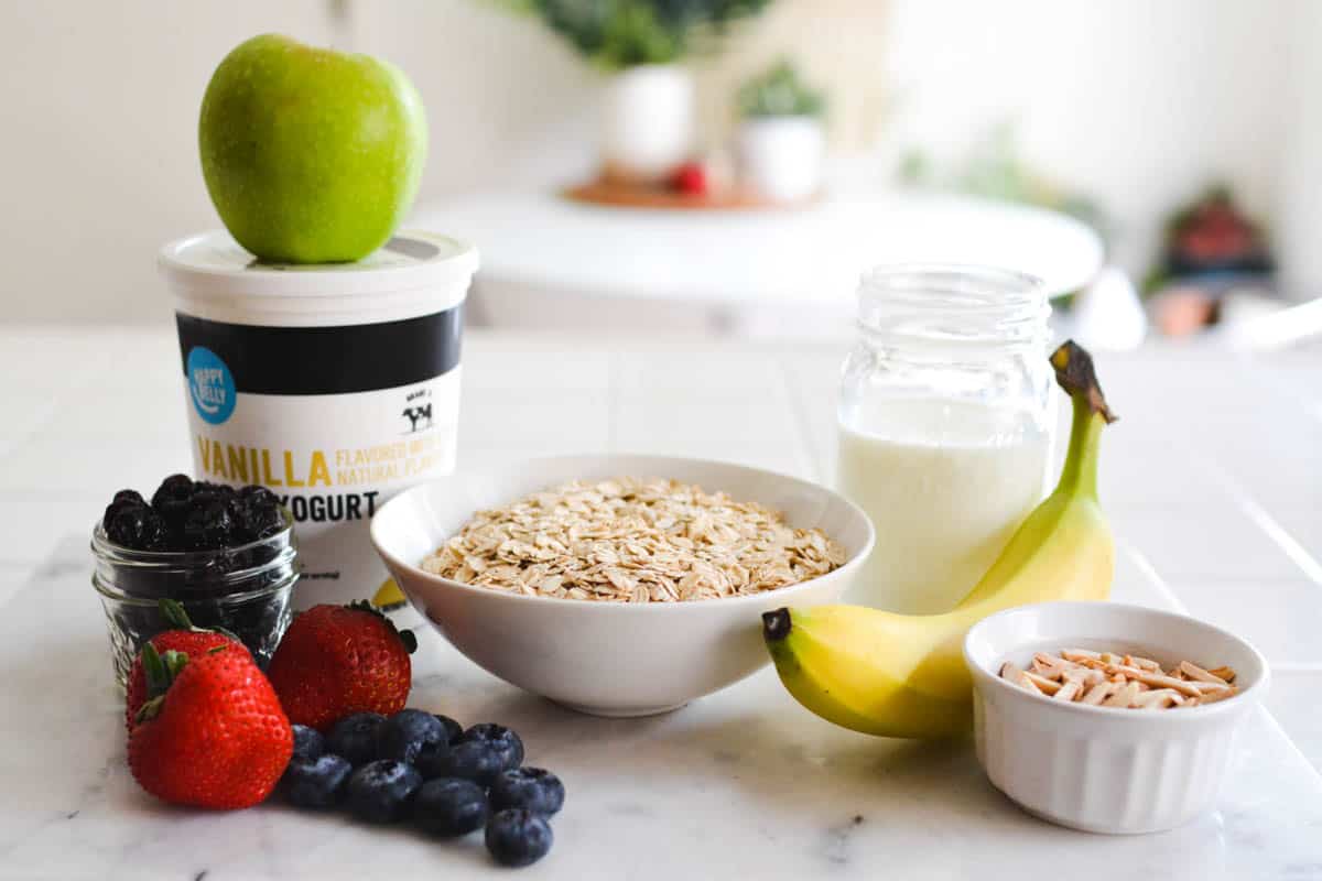 Ingredients to make Chilled Corner Bakery Swiss Oats on a cutting board.