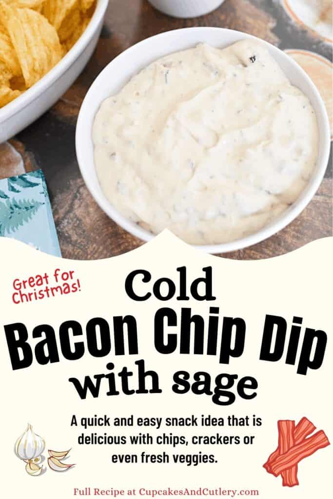 Close up of dip in a bowl with text around it.