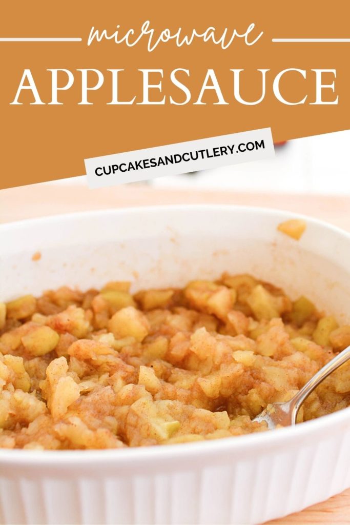 A baking dish full of applesauce made in the microwave.