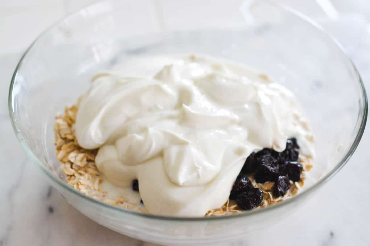 Close up of a bowl with oats, dried cranberries and yogurt.
