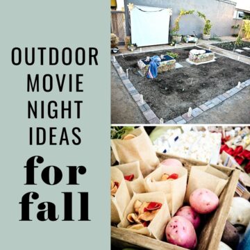 Collage of images with an outdoor movie screen set up and a variety of movie watching snacks.