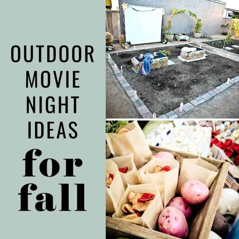 Collage of images with an outdoor movie screen set up and a variety of movie watching snacks.
