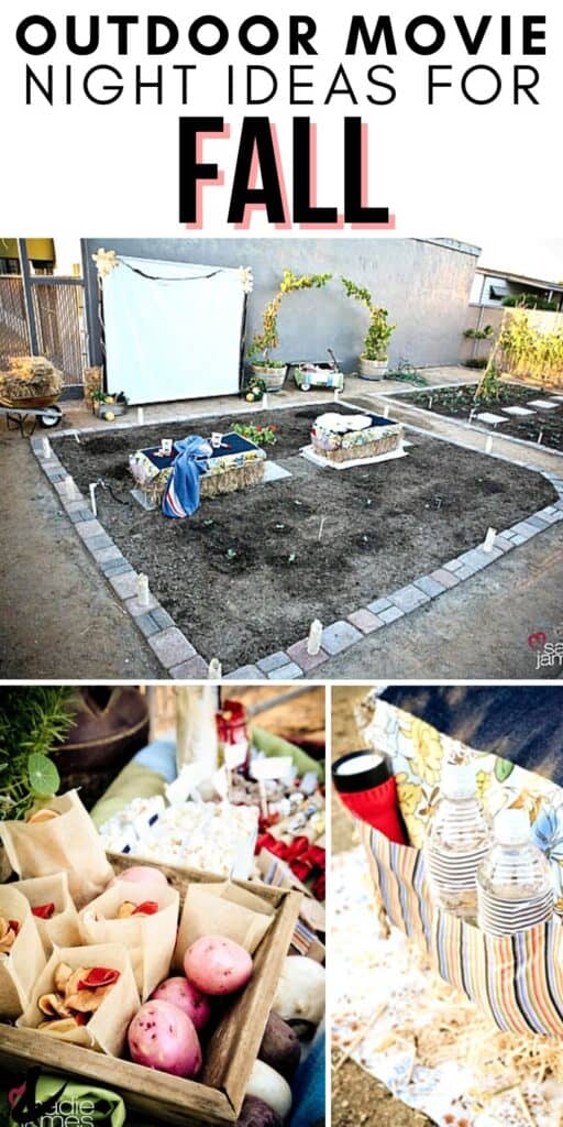 Collage of images from an outdoor movie night including seating, snacks and what to use for a screen.