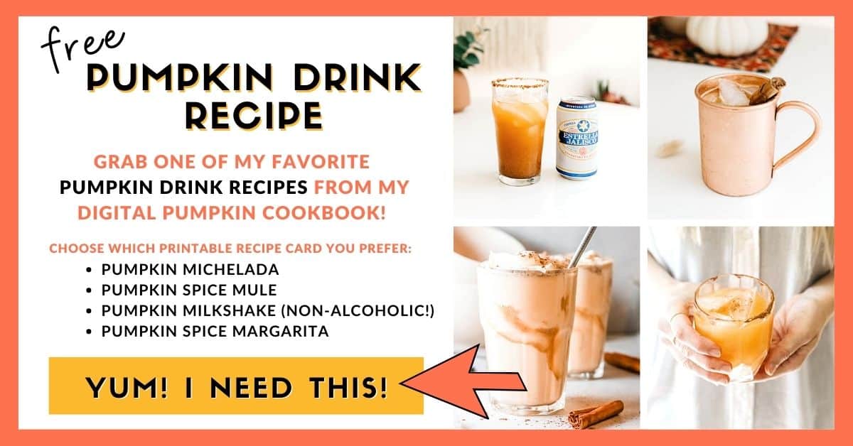 Collage of pumpkin drinks with text around it offering a free recipe. 
