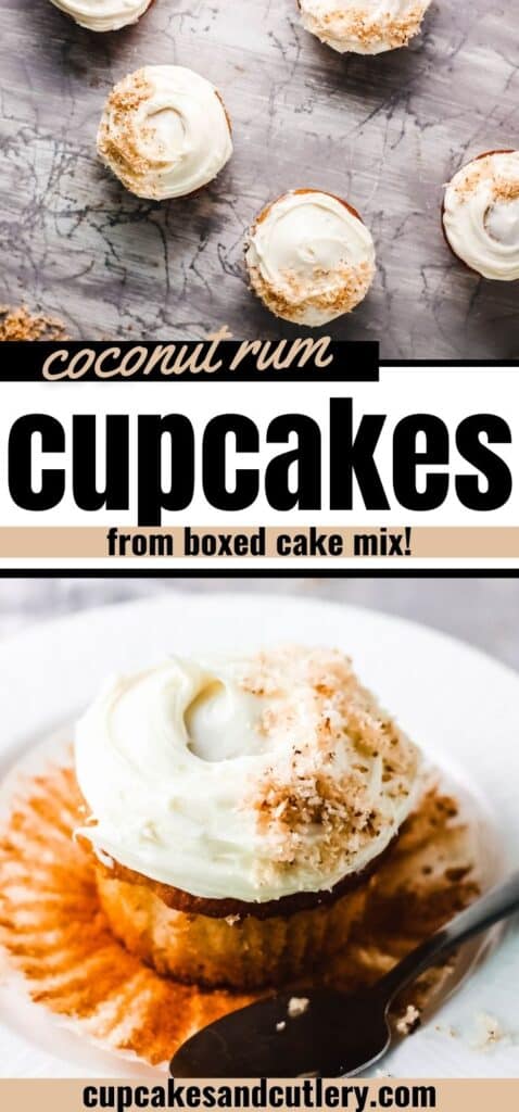 Collage of images with coconut rum cupcakes made from boxed cake mix.