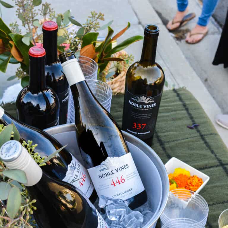 Ice bucket with wine and red wine on the table behind it.