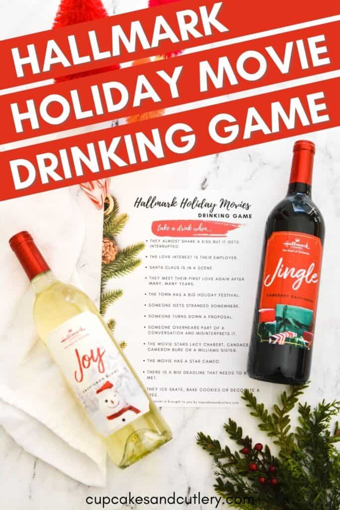 A printed Hallmark Christmas movie drinking game next to wine bottles.