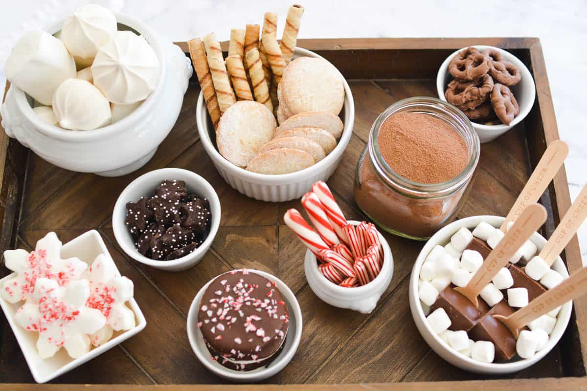 Overhead view of a hot cocoa charcuterie board.