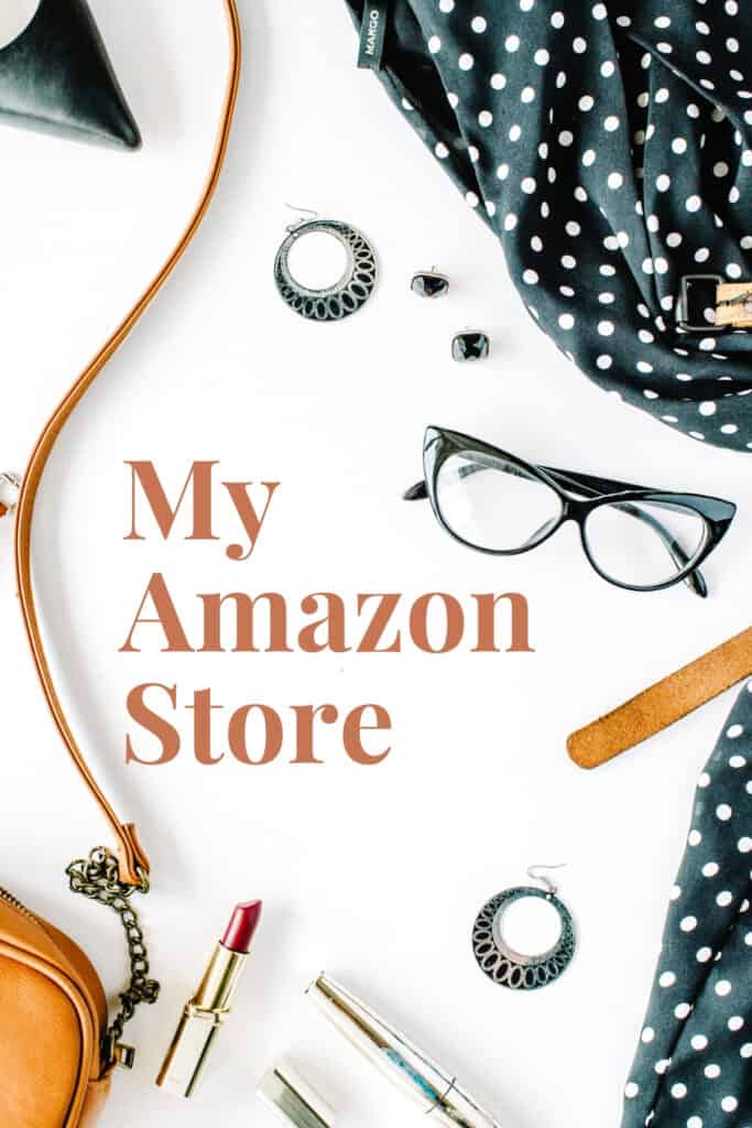 A purse, lipstick, accessories laying on a table with the words "My Amazon Store" next to it.