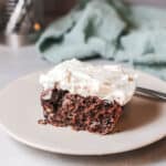 old fashioned chocolate cake from scratch on a plate.