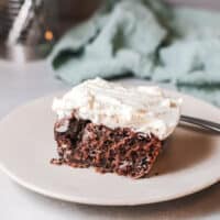 old fashioned chocolate cake from scratch on a plate.