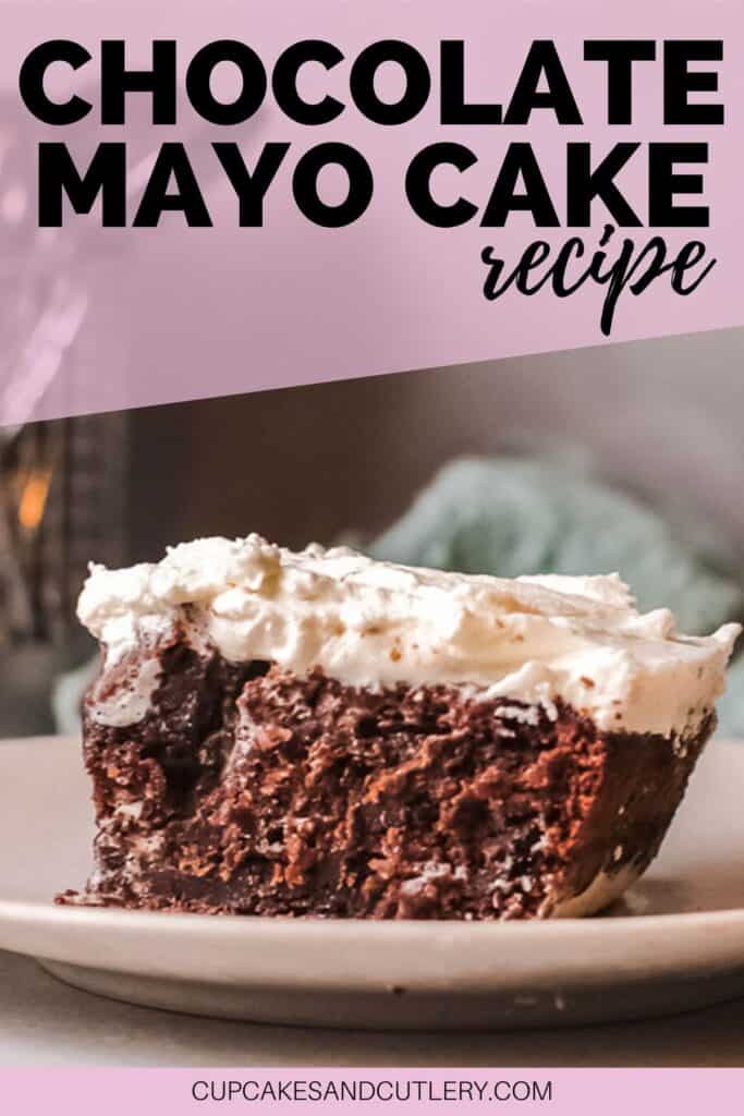 Close up of a slice of chocolate mayo cake with frosting.