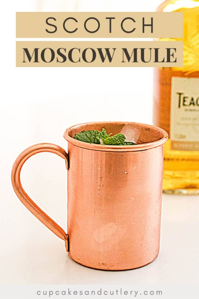Close up of a copper moscow mule mug on a table.