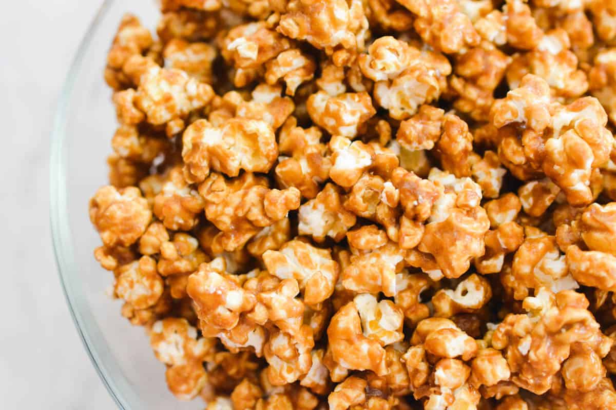 Close up of caramel popcorn in a bowl.
