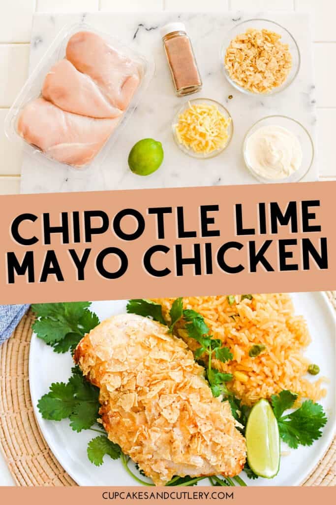 ingredients to make a chicken dish and a final image of the baked chicken with text in between.