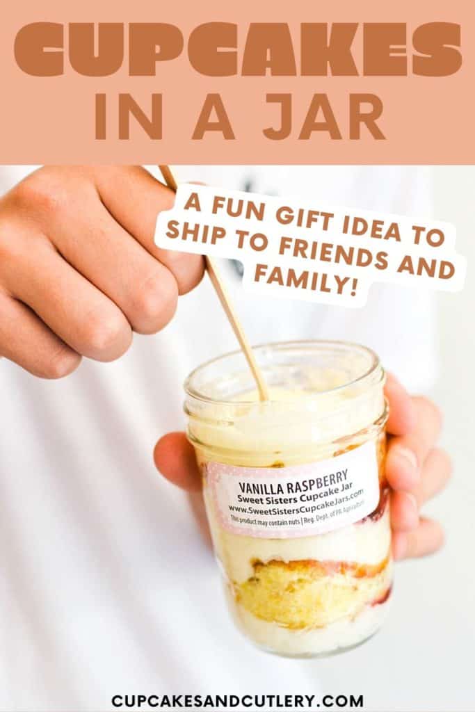 A layered cupcake in a jar being eaten by a boy with a wooden fork and text.