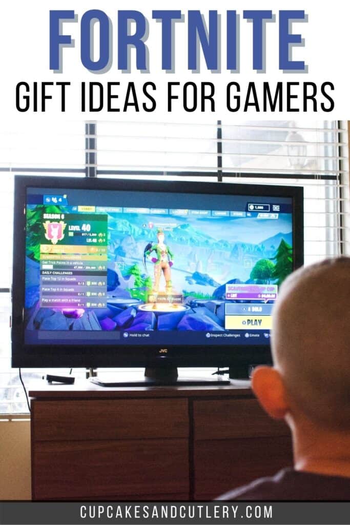 Fortnite gift ideas for gamers. Television displaying Fortnite with a child watching.