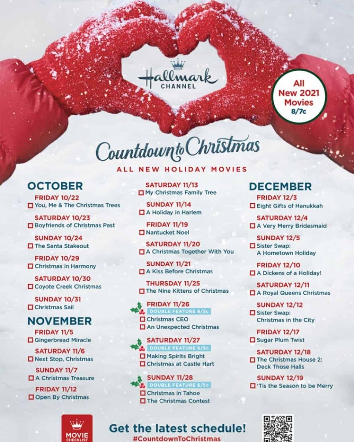 Hallmark Channel Holiday Movie Countdown to Christmas holiday movie list.