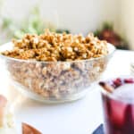 Close up of a bowl holding homemade caramel corn.