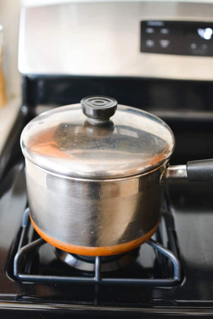 A covered sauce pan on the stove.