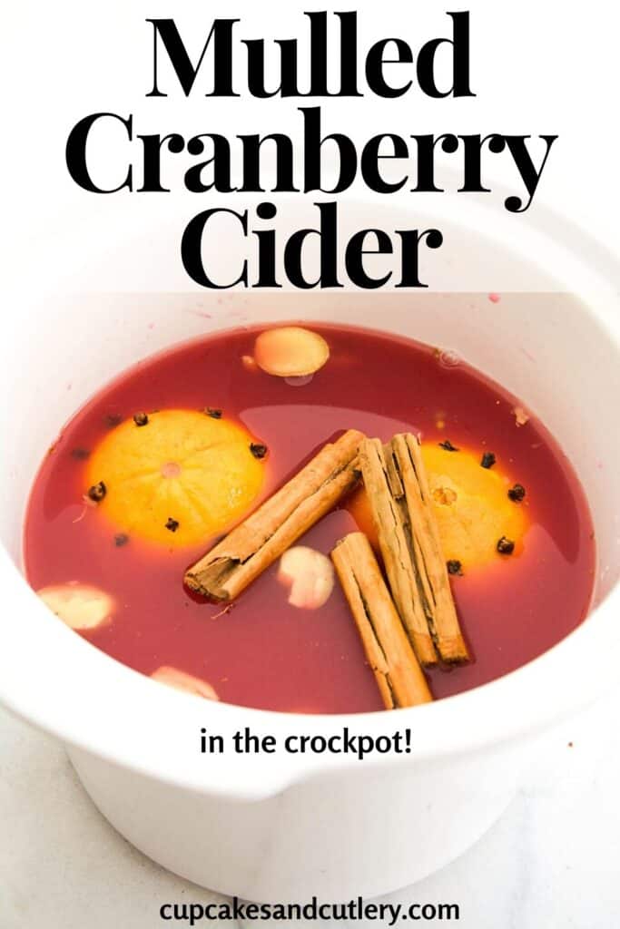 Close up of a spiced cranberry cider in a crockpot insert.