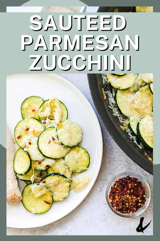 Zucchini side dish on a dinner plate next to a pan.