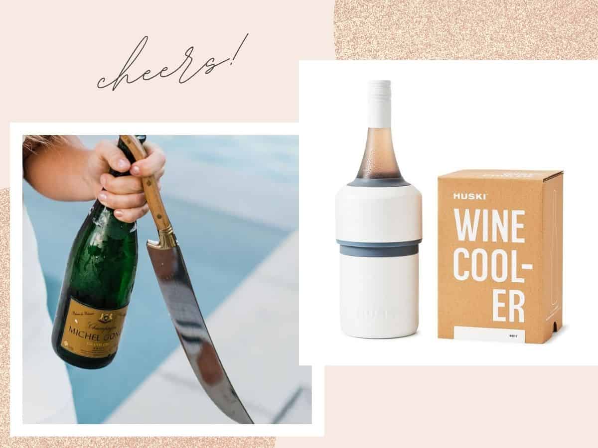 Champagne saber in a woman's hand with a bottle of champagne next to a photo of a wine chiller.