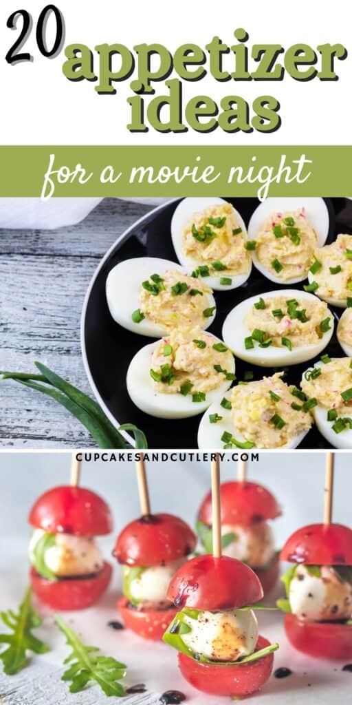 A photo of deviled eggs and one of caprese bites with text above it.