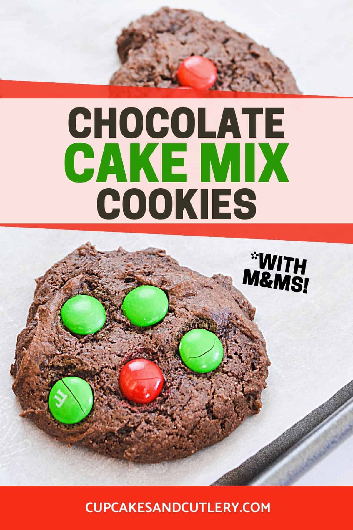 Close up of a cookie with M&Ms in it with text around it.