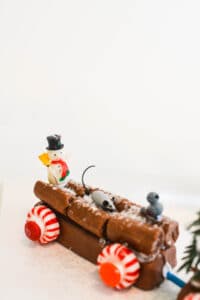 Close up of a vintage snowman miniature on the back of a candy bar train car.