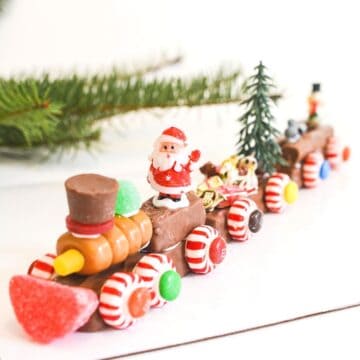 Close up of a candy train made with candy bars for Christmas.