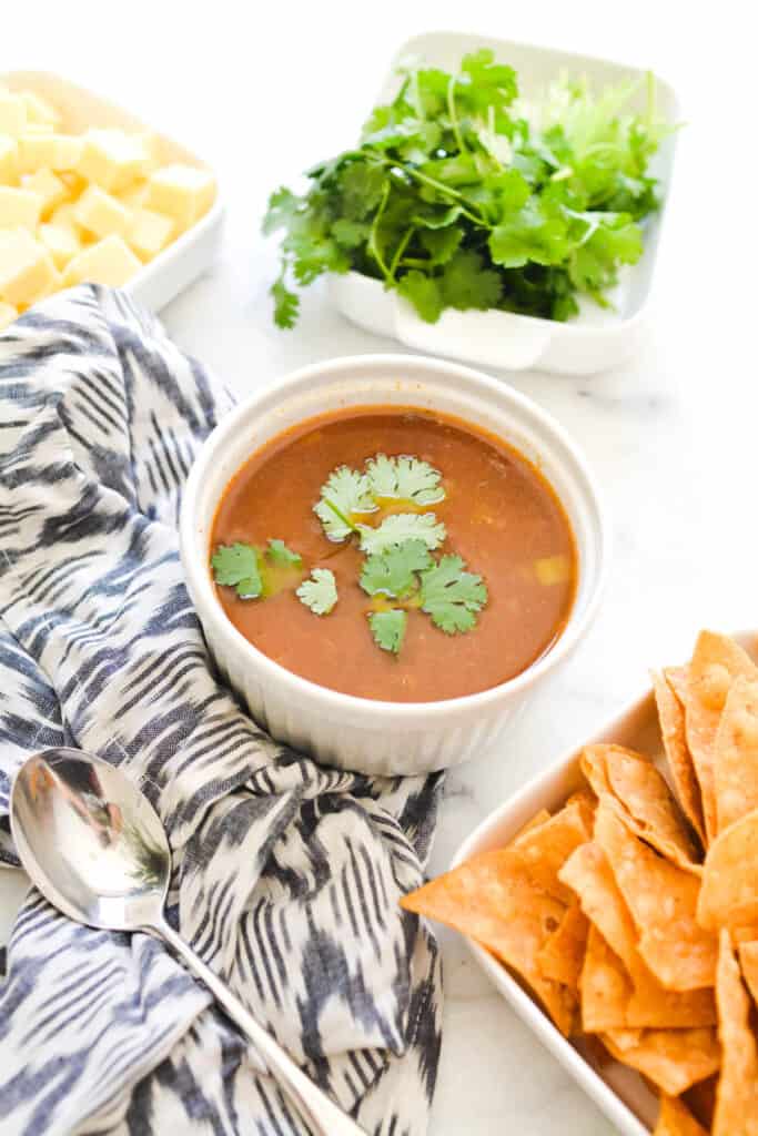 close up of a bowl of soup with cilantro in it.