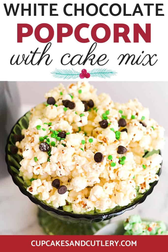 Close up of a bowl of popcorn topped with chocolate chips and sprinkles.