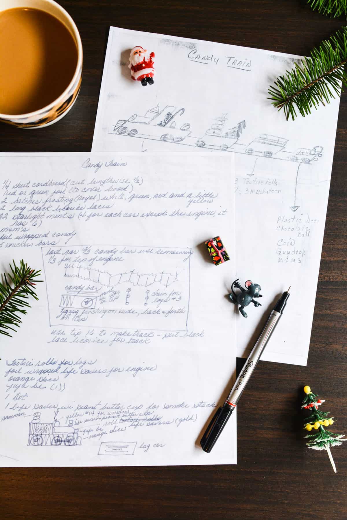 Hand written directions to make a holiday candy bar train.