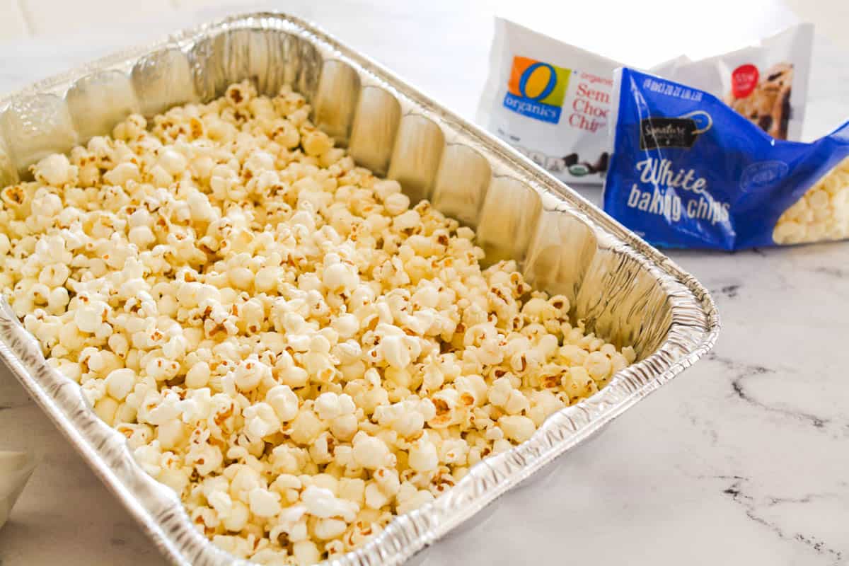 Popcorn in a disposable pan.
