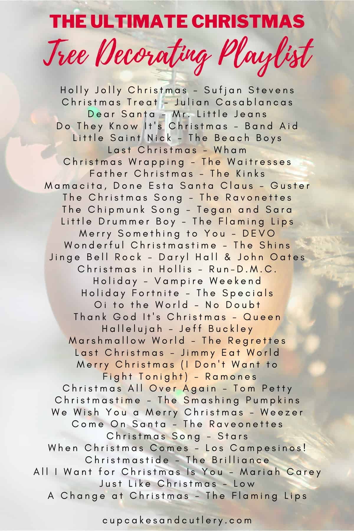 written list of indie holiday songs over a blurry picture of an ornament.