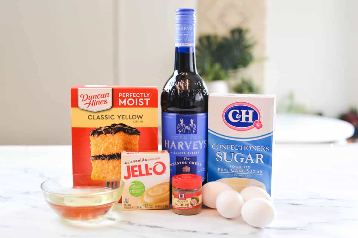 Ingredients to make a sherry wine cake.