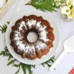 Overhead shot of a powder sugar covered bundt cake