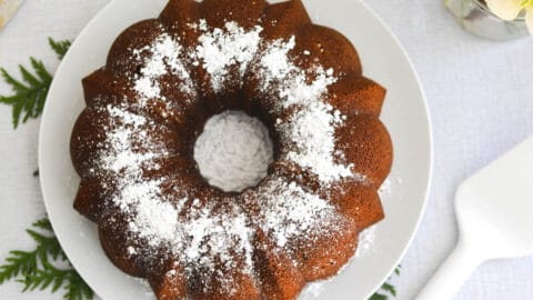 Overhead shot of a powder sugar covered bundt cake