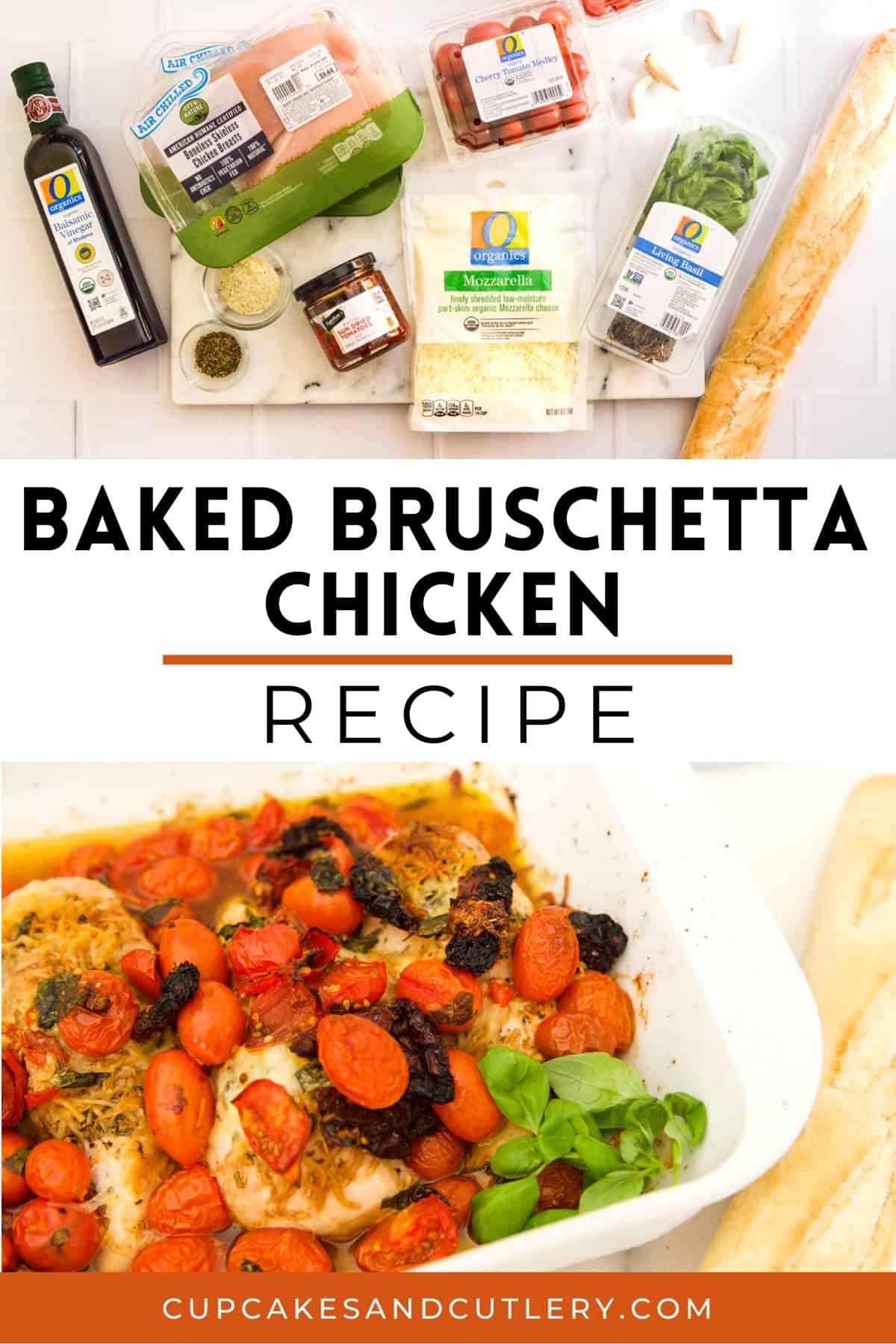 Collage of images for a baked bruschetta chicken recipe for dinner with text.