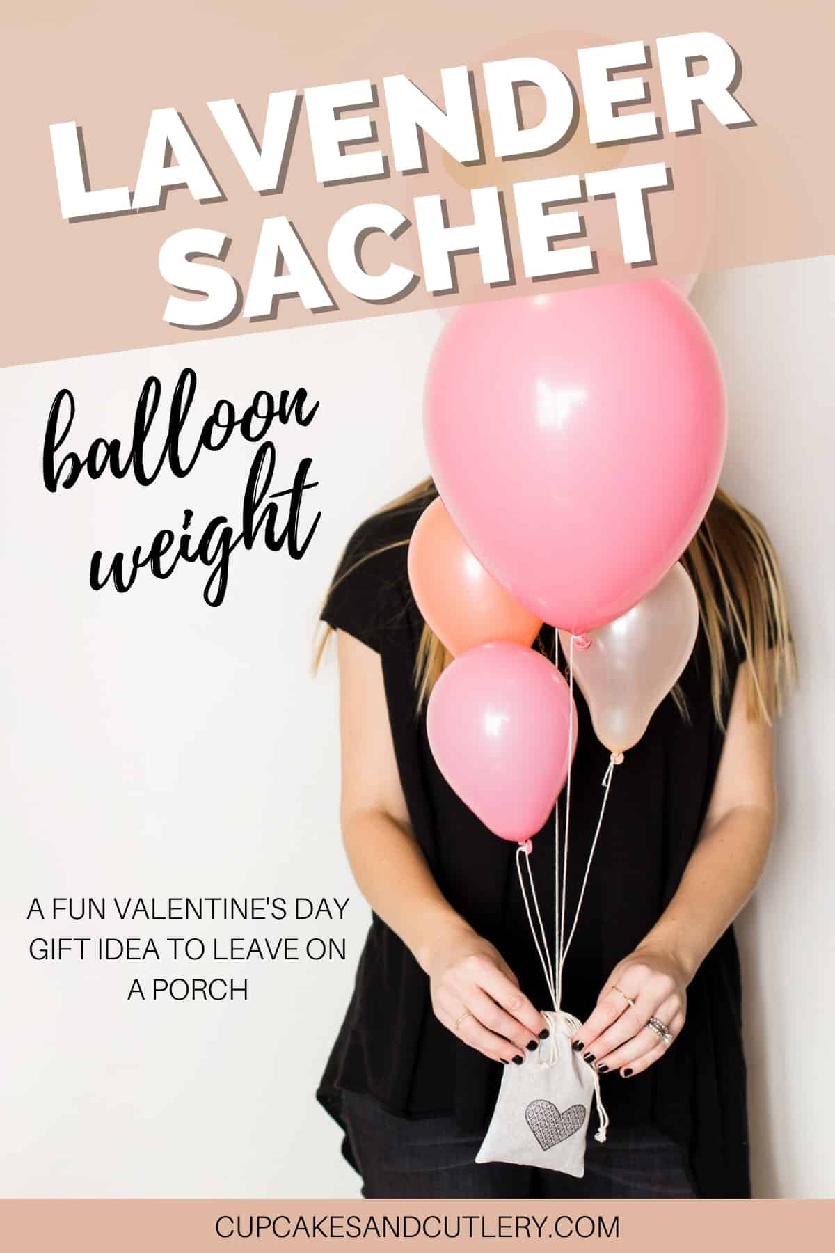 woman holding a balloon bouquet with text around it.
