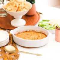 Close up of hot artichoke dip in a baking dish.