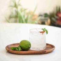 basil margarita on wooden platter garnished with basil