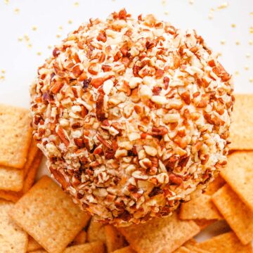 Square close up image of the best cheese ball recipe surrounded by crackers.