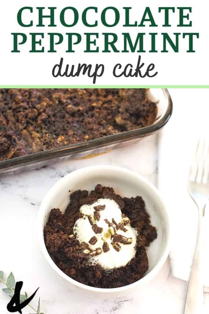 A baking dish next to a small white bowl of chocolate peppermint dump cake.